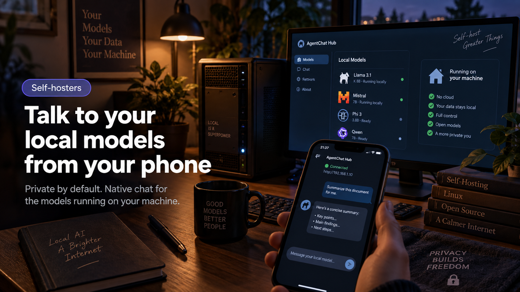 A moody home office at night with a PC tower running local models and a phone connected to AgentChat Hub — 'Talk to your local models from your phone'