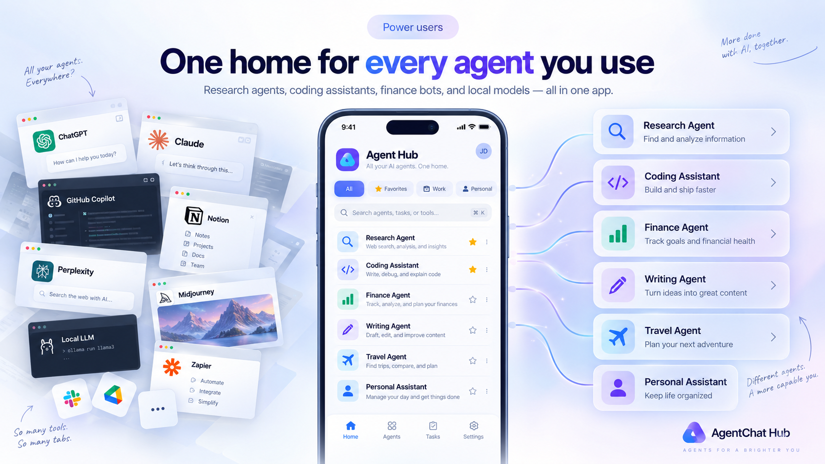 A bright digital space with floating AI service windows connecting into a phone running AgentChat Hub — 'One home for every agent you use'